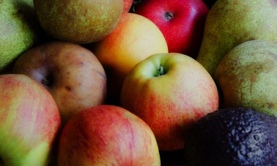 A colorful assortment of apples, pears, and an avocado in a basket.